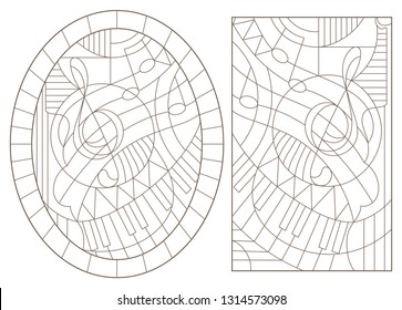 Set of contour illustrations on the theme of music with violin keys, dark contours on a white background