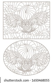 Set of contour illustrations with owls against the sky, dark contours on white background