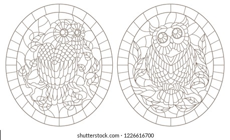 Set of contour illustrations with owls, dark contours on white background, oval image in the frame