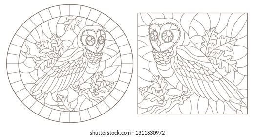 Set of contour illustrations with owls, dark contours on white background, oval  and rectangular image in the frame