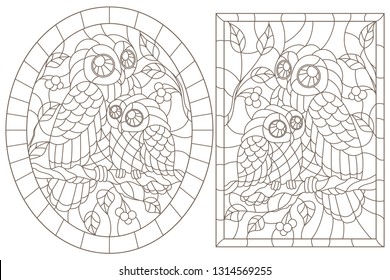 Set of contour illustrations with owls, dark contours on white background, oval  and rectangular image in the frame