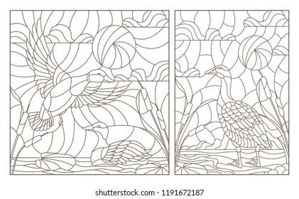 Set of contour illustrations with a pair of ducks and a goose on a pond and sky background, dark contours on a white background