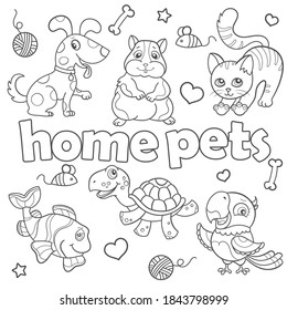 Set of contour illustrations with Pets, dark outlines on a white background, coloring book