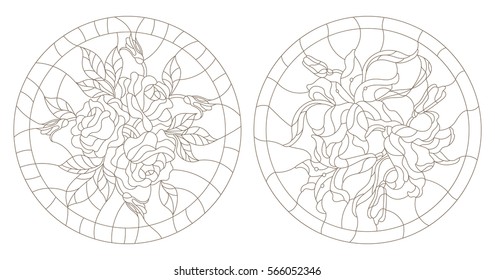 Set contour illustrations of the round stained glass with roses and lilies