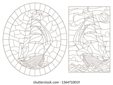 Set of contour illustrations with sailing ships, dark contours on a white background