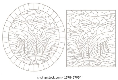 Set of contour illustrations with sailing ships, dark contours on a white background