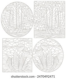Set of contour illustrations with sailing ships, dark contours on a white background
