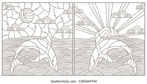 Set contour illustrations with sharks  on the waves and the sky , the dark outline on a white background