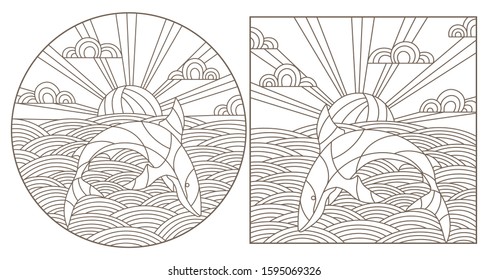 Set contour illustrations with sharks  on the waves and the sky , the dark outline on a white background