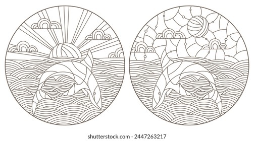 Establecer ilustraciones de contorno con tiburones en las olas y el cielo , el contorno oscuro sobre un fondo blanco