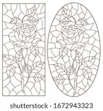 Set of contour illustrations of stained glass with roses  , dark contours on a white background