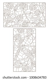 Set contour illustrations of the stained glass birds pair of parrots and a pair of toucans on a tree branch