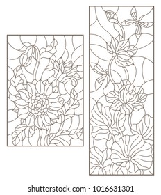 Set contour illustrations of stained glass with flowers, sunflowers and Lotus flowers with dragonflies , dark outline on a white background