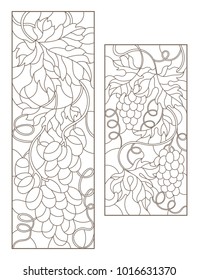 Set contour illustrations of stained glass with grapes and grape leaves , black contour on white background
