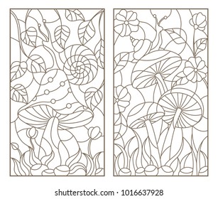 Set contour illustrations in the stained glass style snail on mushroom, dark outline on a white background