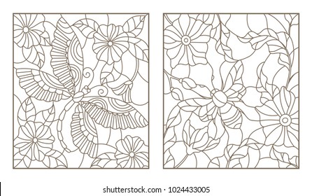 Set contour illustrations of stained glass bee and dragonfly on the background color, dark outline on a white background