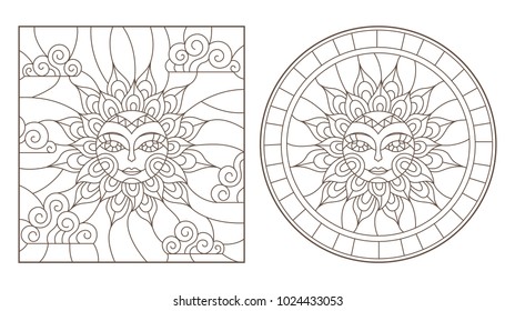 Set contour illustrations of stained glass sun with face, round and square image, dark outline on a white background , isolate