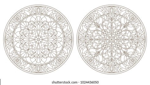 Set contour illustrations of stained glass, round stained glass floral, dark outline on a white background