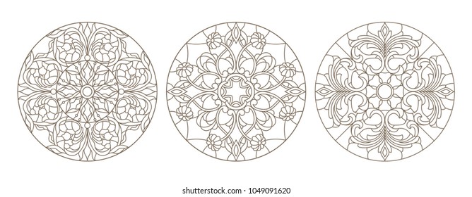 Set contour illustrations of stained glass, round stained glass floral, dark outline on a white background