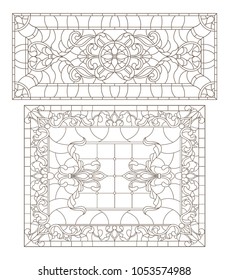 Set contour illustrations of stained glass with abstract swirls and flowers , horizontal orientation