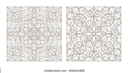 Set contour illustrations of stained glass with abstract swirls and flowers , square image