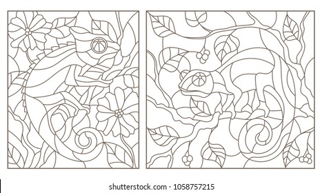 Set of contour illustrations of stained glass Windows with chameleons on tree branches dark contours on a light background