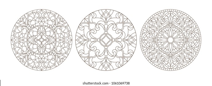 Set contour illustrations of stained glass, round stained glass floral, dark outline on a white background