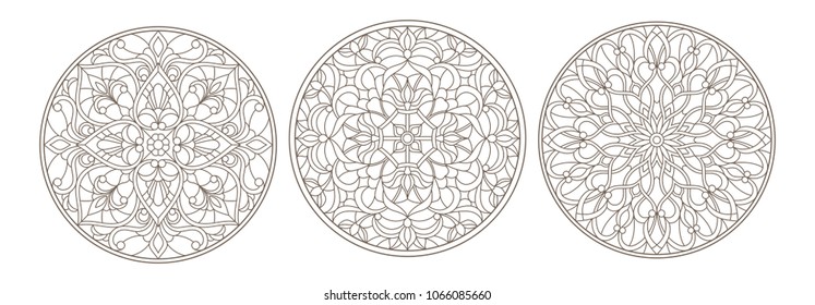 Set contour illustrations of stained glass, round stained glass floral ornaments , dark outline on a white background