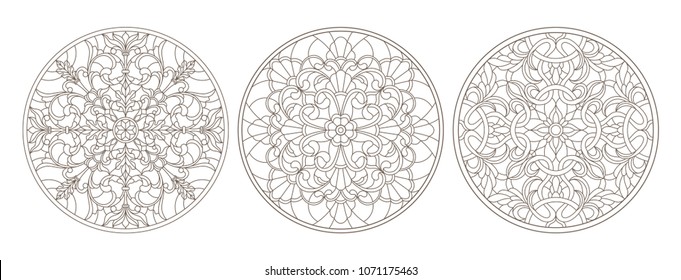 Set Contour Illustrations Of Stained Glass, Round Stained Glass Floral, Dark Outline On A White Background