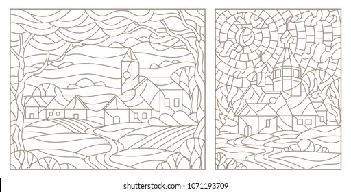 Set contour illustrations of stained glass from countryside provincial town and Church, dark contours on white background