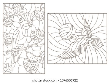 Set contour illustrations of stained glass with birds, a parrot on the branches of plants and the crows against the sky , dark outlines on a white background