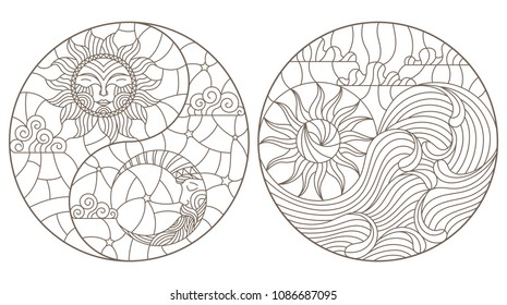 Set contour illustrations in stained glass abstract landscape in the form of a circle, the sun and the moon in the sky and the sun and the sea , a round image on white background