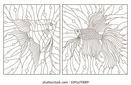 Set contour illustrations in the stained glass style aquarium fish fish cock and scalars , dark contours on white background