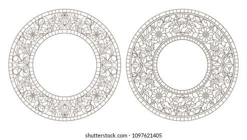 Set contour illustrations of stained glass with floral framework,dark outline on white background