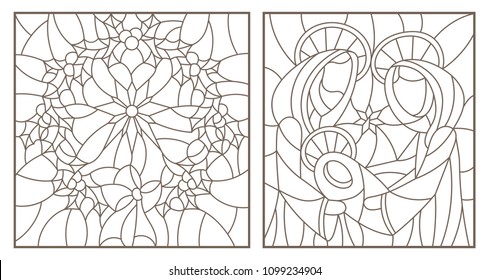 Set of contour illustrations of stained glass Windows on biblical theme, Jesus baby with Mary and Joseph and Christmas wreath with Holly, dark outlines on white background