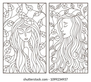 Set of contour illustrations of stained glass Windows with abstract girls on the background of tree branches, dark contours on a white background