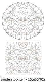 Set of contour illustrations in stained glass style with octopuses, round and rectangular image, dark contours on a white background