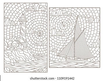 Set of contour illustrations of stained glass Windows with seascapes, sailboat and lighthouse on the background of the sea and sky, dark contours on a white background