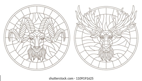 Set of contour illustrations of stained glass Windows with heads of sheep and moose, dark contours on a white background