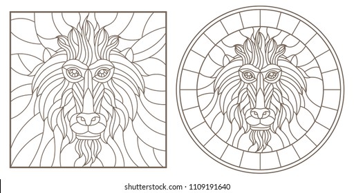 A set of contour illustrations of stained glass Windows with monkey heads, round and square image, dark contours on a white background