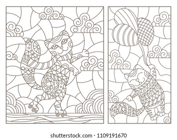 A set of contour illustrations of stained glass Windows with cartoon funny cats, a cat flying on a balloon and a cat on roller skates, dark contours on a white background