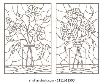 Set of contour illustrations of stained glass Windows with still lifes with bouquets of flowers in banks, dark contours on a light background