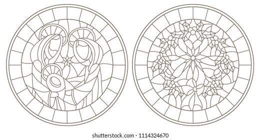 Set of contour illustrations of stained glass Windows on biblical theme, Jesus baby with Mary and Joseph and Christmas wreath with Holly, dark outlines on white background,round image in  frame