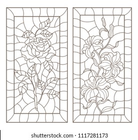 Set Contour Illustrations Stained Glass Flowers Stock Vector (royalty 