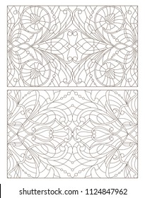 Set contour illustrations of stained glass with abstract swirls and flowers , horizontal orientation