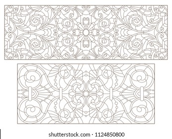 Set contour illustrations of stained glass with abstract swirls and flowers , horizontal orientation