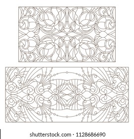 Set contour illustrations of stained glass with abstract swirls and flowers , horizontal orientation