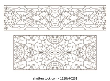 Set contour illustrations of stained glass with abstract swirls and flowers , horizontal orientation