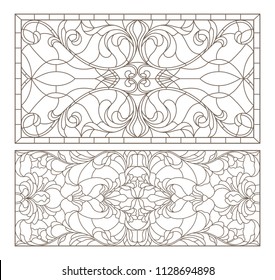 Set contour illustrations of stained glass with abstract swirls and flowers , horizontal orientation