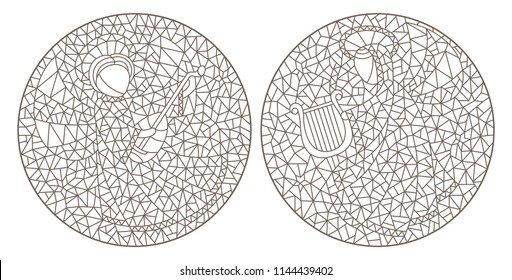 Set contour illustrations of the stained glass Windows with angels, round image